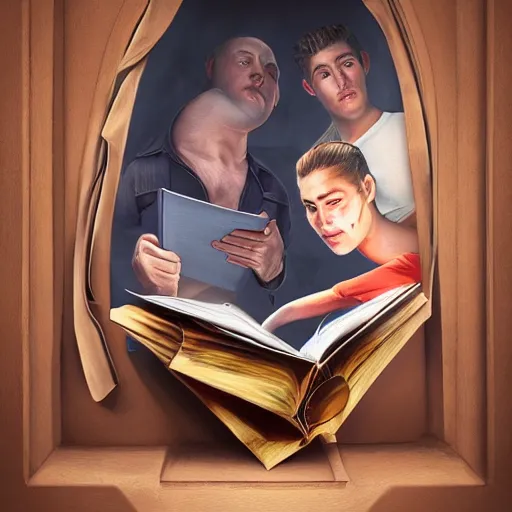 Image similar to a realistic painting of three male and one female characters emerging from inside a book, trending on artstation, detailed digital art