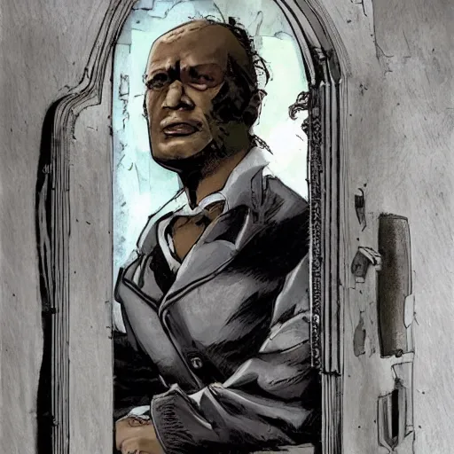 Prompt: Morpheus from The Sandman by Neil Gaiman standing in a doorway leading into the void, portrait, digital art, ultra realistic, highly detailed, HD, artstation, concept art, smooth, sharp focus, illustration, cinematic lighting, comicbook, art by Sam Kieth and Mike Dringenberg