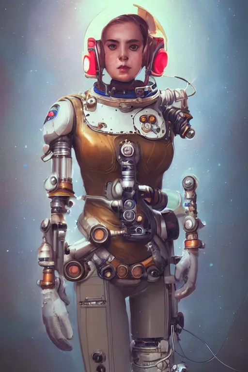 Image similar to portrait of a steampunk cosmonaut girl with mechanical parts by Artgerm and Greg Rutkowski , néon light, digital painting, highly detailed, trending on artstation