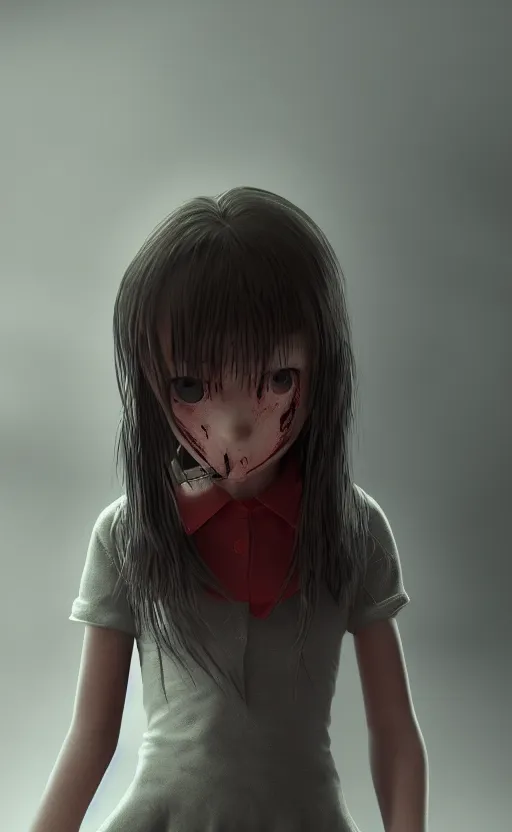 Image similar to school girl holding a knife, gloomy and foggy atmosphere, octane render, artstation trending, horror scene, highly detailded