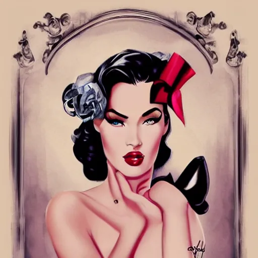 Image similar to a pinup illustration of megan fox in the style of gil elvgren and in the style of anna dittmann.