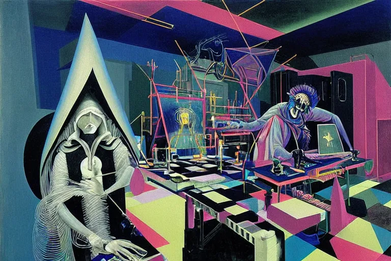 Image similar to a highly detailed beautiful masterpiece painting of a technomancer wizard in dazzle camouflage robes with pointed hood tampering with the world engine in his laboratory near a computer by Remedios Varo and Anato Finnstark and Greg Rutkowski and Andy Warhol and Francis Picabia, dayglo pink, dayglo blue, prismatic, pearlescent white, raven black, glowing, hyperrealism, 8k, trending on ArtStation