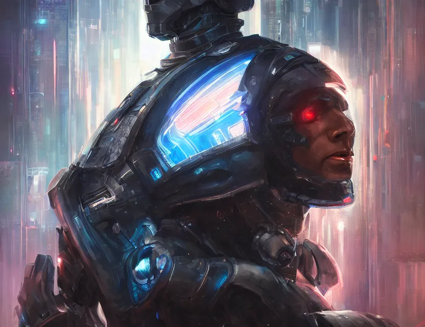 Image similar to portrait of handsome guy in cyber armor, many lightning, cold color, highly detailed, digital painting, artstation, concept art, cyberpunk wearing, smooth, sharp focus, led, artstation character reference sheet.