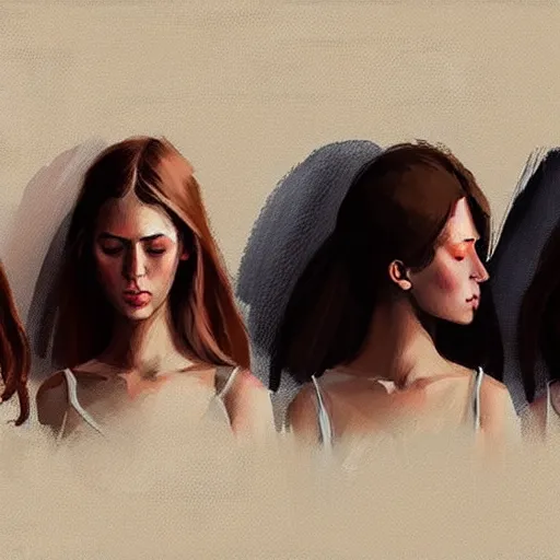 Image similar to “ a row of identical pretty women, photorealistic, in the style of greg rutkowski, digital painting, high quality ”