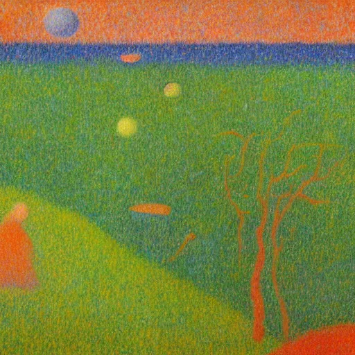 Image similar to painting of a lush natural scene on an alien planet by georges seurat. beautiful landscape. weird vegetation. cliffs and water.