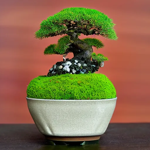 Prompt: a photo of japanese moss ball bonsai planter