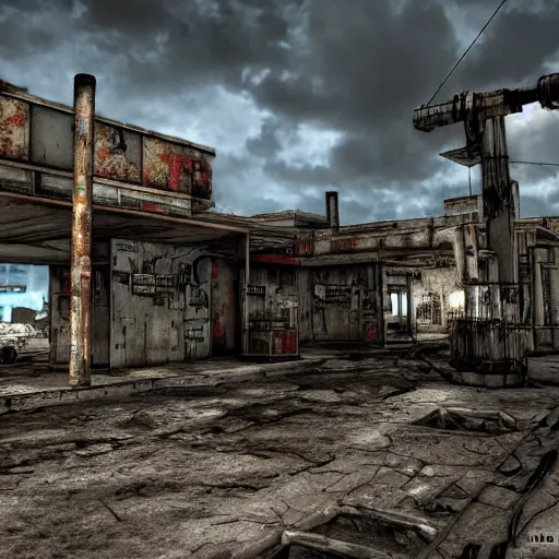 Image similar to abandoned marketplace, nuclear aftermath, fallout style, dramatic lighting, highly detailed fallout 3, fallout 4, fallout 7 6, digital art, render, 4 k,