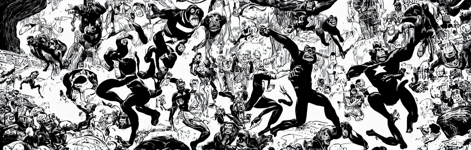 Image similar to the chimpanzee avengers go to a superhero wonderland inside the hollow earth, black and white in the style of jim woodring