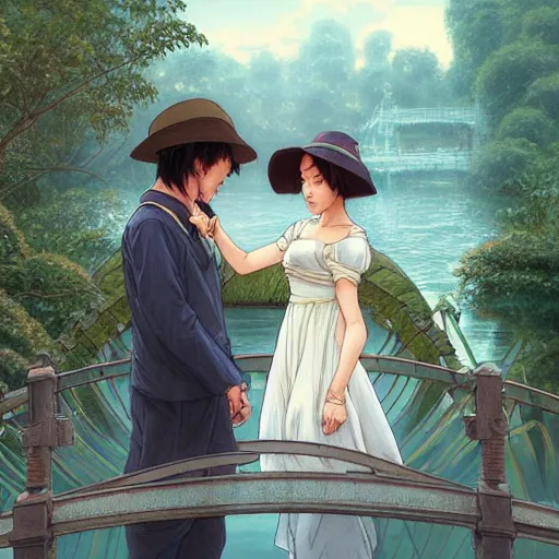 Prompt: a couple on the bridge close to the river with a lot of water lily made by studio ghibli highly detailed, digital painting, artstation, concept art, smooth, sharp focus, illustration, art by artgerm and greg rutkowski and alphonse mucha