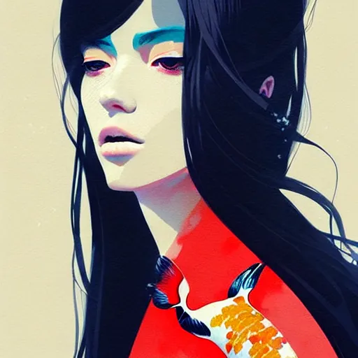 Image similar to a ultradetailed beautiful portrait panting of a stylish woman surrounded by floating koi fish, by conrad roset, greg rutkowski and makoto shinkai, trending on artstation