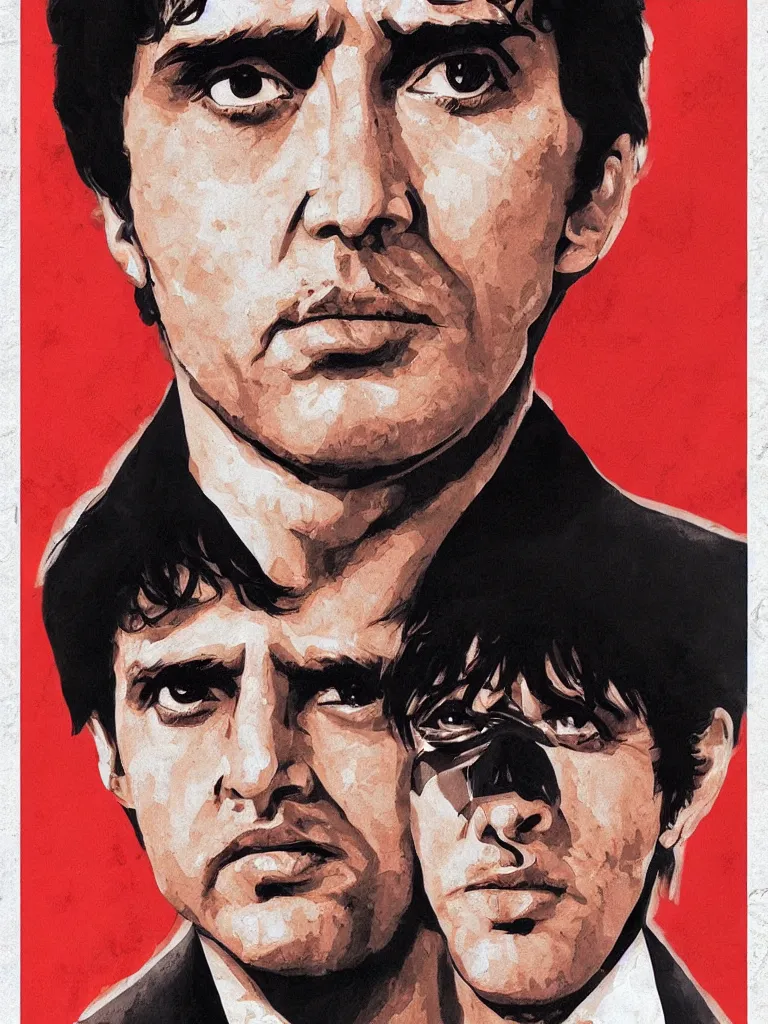 Prompt: medium shot. cogerent eyes. detailed face. tony montana from movie scarface. poster colors