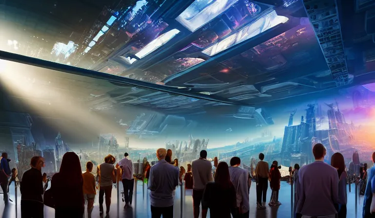 Image similar to crowd of people in large open museum, looking at hologram of futuristic city on a table, cinematic concept art, godrays, golden hour, natural sunlight, 4 k, clear details, tabletop model buildings, center model buildings, hologram center, crane shot, wide shot, high shot