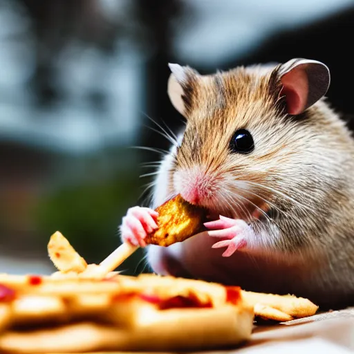 Prompt: detailed photo of a hamster eating a kebab, outdoors, various poses, full body, daylight, 8 k