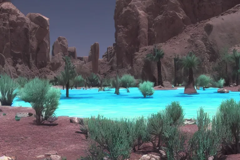 Prompt: desert oasis in a translucent aqua casing electronic environment, ps 3 screenshot, still from a kiyoshi kurosawa movie