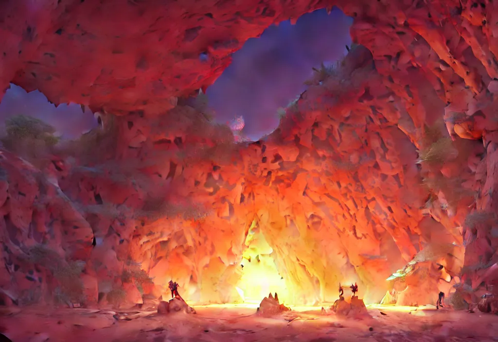 Prompt: a cave entrance in a desert with crystals inside the cave, intricate oil painting, high detail illustration, sharp high detail, manga and anime 1 9 9 9, official fanart behance hd artstation by jesper ejsing and makoto shinkai, 4 k,
