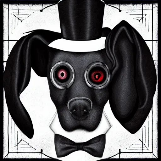 Image similar to portrait of a black dog wearing a suit and a top hat and a monocle on one eye, digital painting, duotone