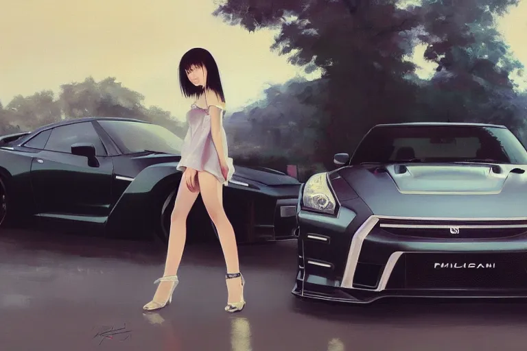 Image similar to A ultradetailed beautiful panting of a stylish girl standing in front of a Nissan GTR, Oil painting, by Ilya Kuvshinov, Greg Rutkowski and Makoto Shinkai