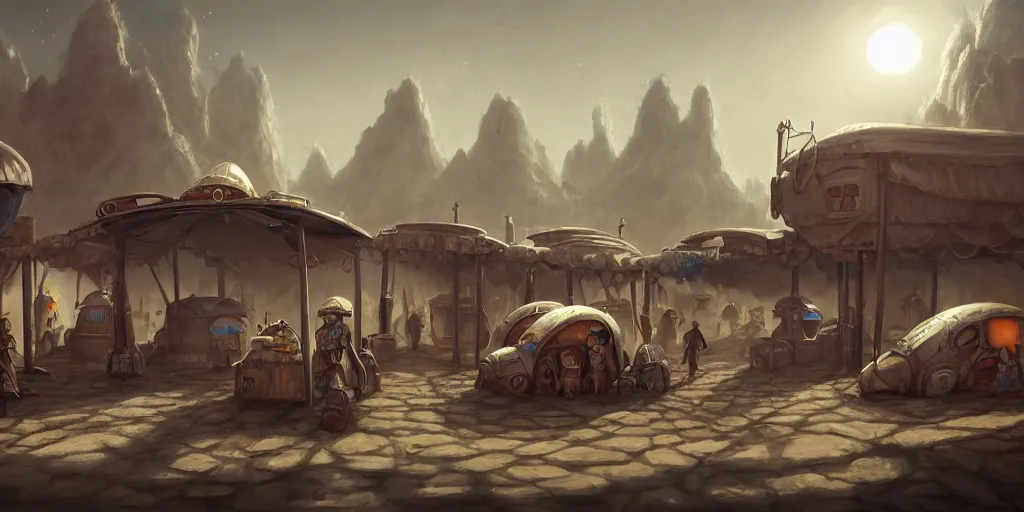 Image similar to robotic merchants in tents, trading town square, matte oil painting, retrofuturistic, concept art, quarrying, science fantasy, mutant, lgbt, queer, rpg, epic, rusted, white salt, badlands, jungles, dungeons & dragons, sacred, sharp focus, award - winning, extremely detailed, 4 k, 8 k