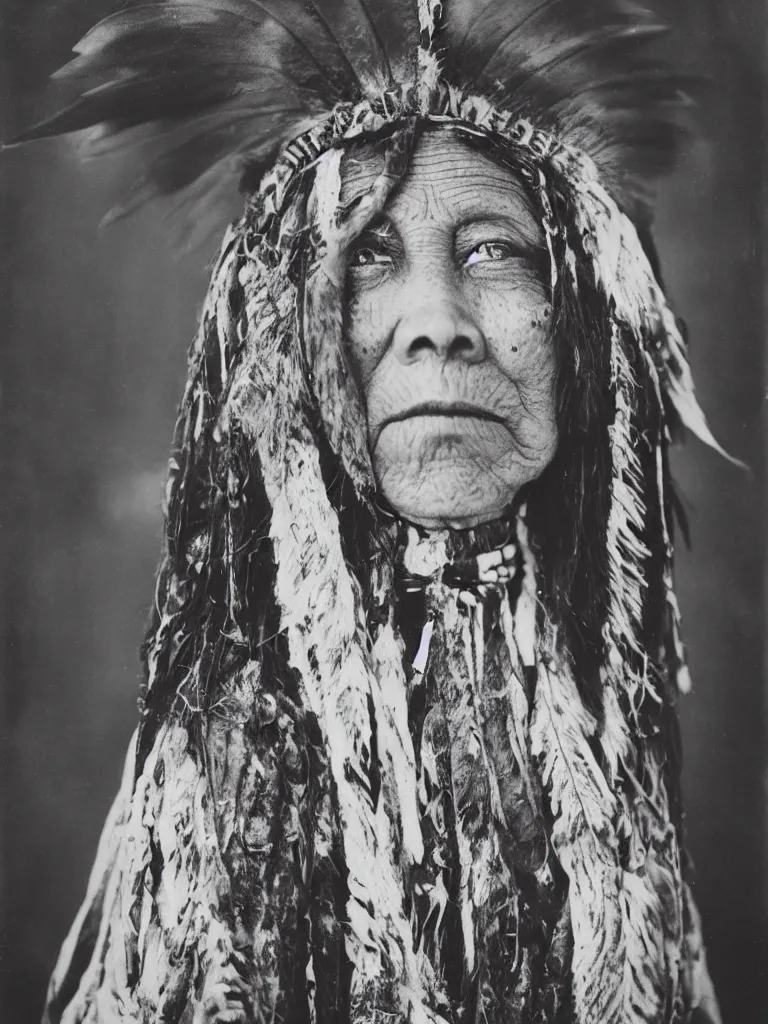 Prompt: a faded old black and white wet plate photo of a beautiful american indian female,