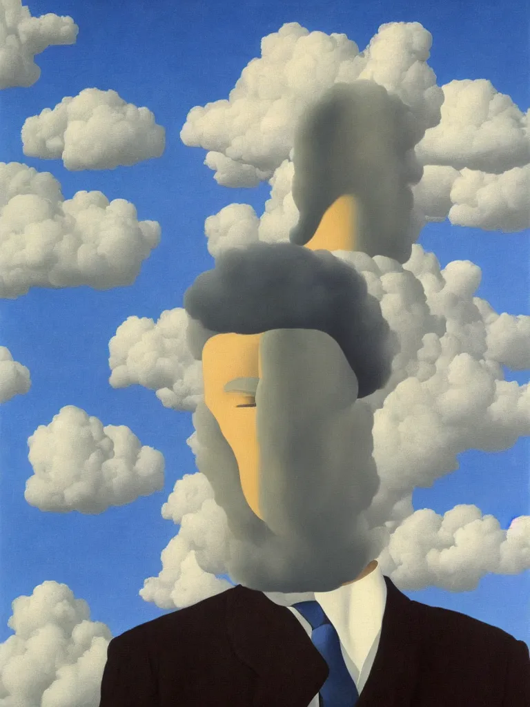 Image similar to portrait of cloud man by rene magritte, detailed painting, hd, hq, high resolution, high detail, 4 k, 8 k