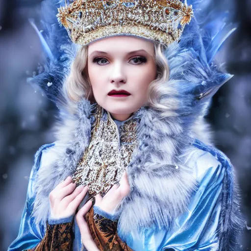 Prompt: beautiful ice queen with ornate cloak and crown, highly detailed, 4k, HDR, smooth, sharp focus, hyper realistic, high resolution, award-winning photo