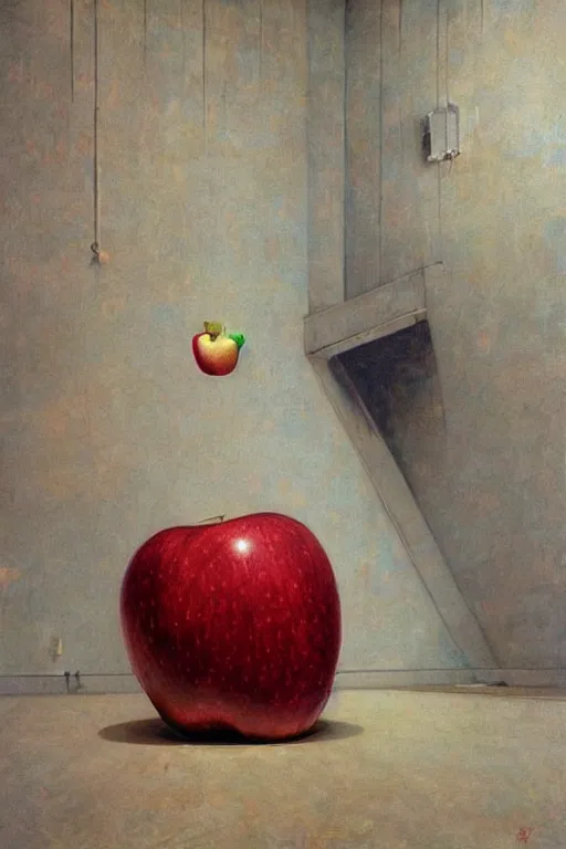 Prompt: A giant apple floating in an abandoned room, detailed art by Phil hale and Ilya repin