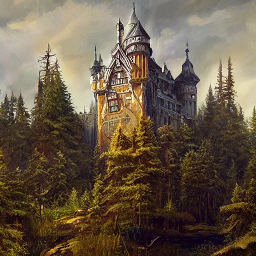 Image similar to a haunting castle in the style of zdzlaw bekinski, james gurney and ivan shishkin (oil on canvas), matte painting.