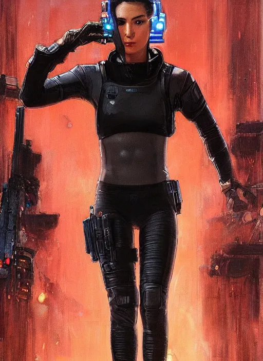 Prompt: Marie Cho. beautiful cyberpunk female USN marine wearing a military vest and a black and pink tactical catsuit (cyberpunk 2077, bladerunner 2049). gorgeous face. Iranian orientalist portrait by john william waterhouse and Edwin Longsden Long and Theodore Ralli and Nasreddine Dinet, oil on canvas. Cinematic, hyper realism, realistic proportions, dramatic lighting, high detail 4k