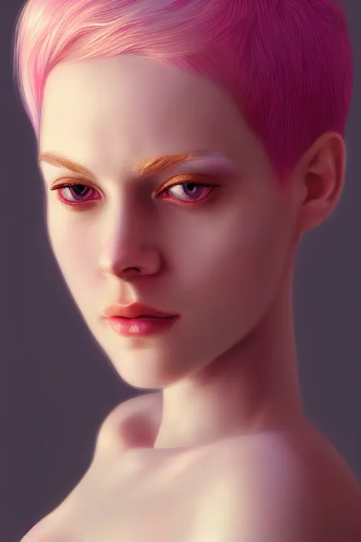 Image similar to Portrait of a beautiful pale skin Nordic female with short pink hair, elegant, photorealistic, highly detailed, artstation, smooth, sharp focus, gold ornaments, neon lighting, sci-fi, art by Klimt.