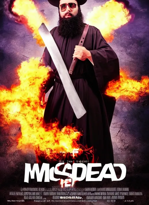 Image similar to action movie poster of an ultra orthodox bearded Christian priest wearing a deep purple robe with cloak, holding a machete. with an explosion behind him.