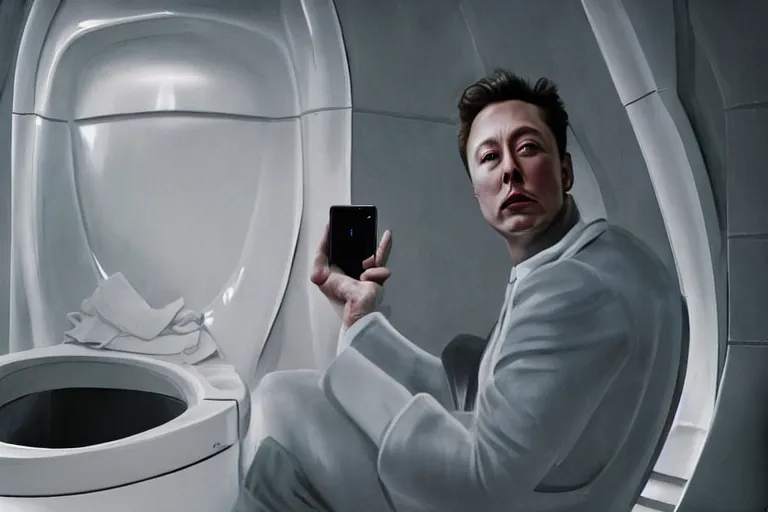 Image similar to hyperrealism aesthetic ridley scott and denis villeneuve style close - up photography of a detailed hyperrealism elon musk, siting on a detailed hyperrealism toilet and scrolling his detailed smartphone in hyperrealism scene from detailed art house movie in style of alejandro jodorowsky and wes anderson