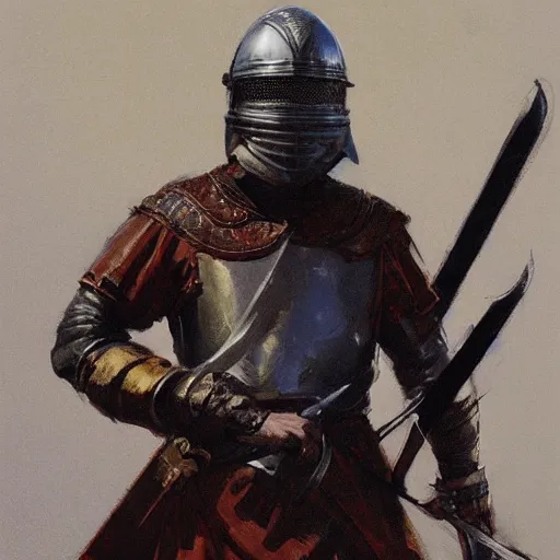 Prompt: portrait of man wearing gambeson and sallet helmet, holding sword, attacking, dramatic, detailed by greg manchess, craig mullins, bernie fuchs, walter everett