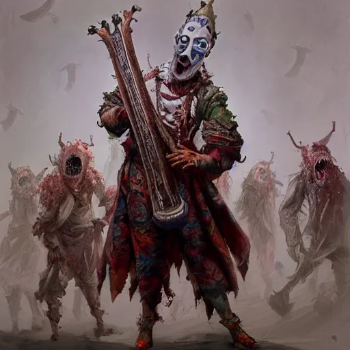 Prompt: a scared jester dressed in jester clothes plays an ornate musical instrument surrounded by a crowd of hungry zombies, concept art, trending on artstation, by greg Rutkowski