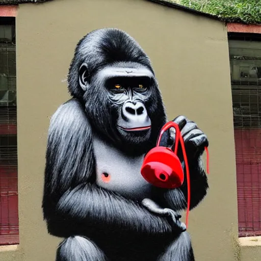 Image similar to gorilla with red headphones on holding a amanita muscaria made by banksy