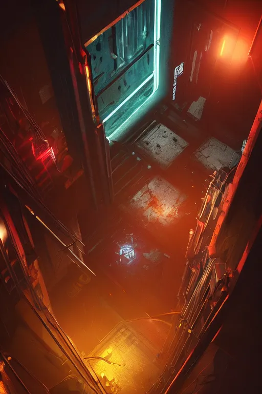 Prompt: down a basement staircase, from above, neon lights, cyberpunk style, digital painting, concept art, smooth, sharp focus, hyperrealistic, illustration, artstation trending, octane render, unreal engine, ambient light, dynamic lighting, magical, dark vibes, Cyberpunk 2077