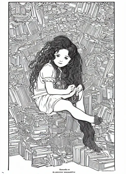 Prompt: clean simple line art of a little girl with wavy curly hair sitting on a tall pile of books. well composed, clean coloring book page, beautiful detailed face. coloring book line art by greg rutkowski and johanna basford and alphonse mucha