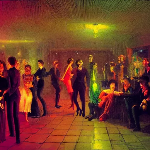 Image similar to young people in a fancy nightclub dancing and drinking, partylights, great colors, in the style of john atkinson grimshaw, trending on artstation
