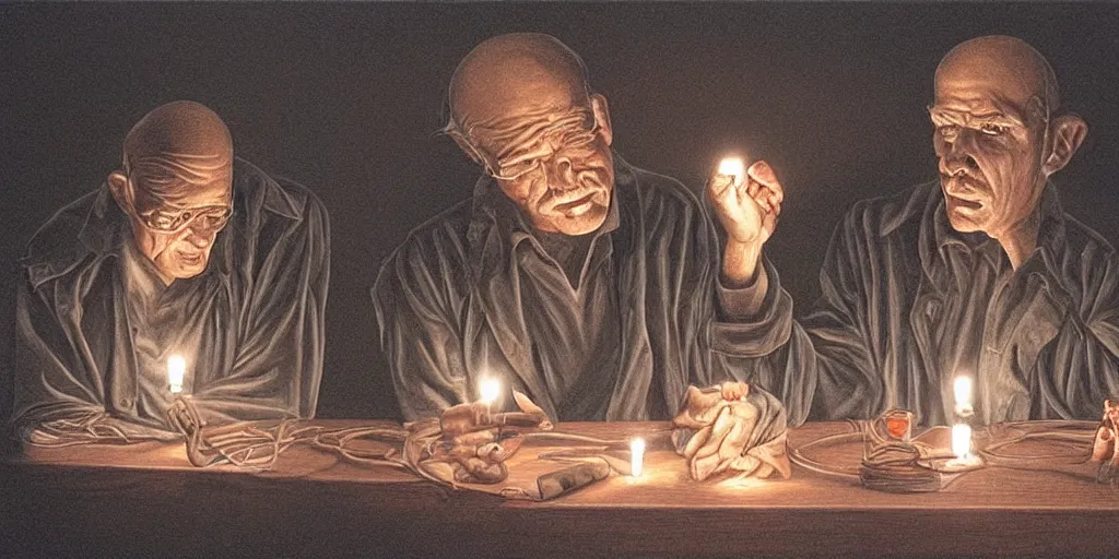 Image similar to two men arguing about neural networks in small room lighted by candles. highly detailed art by trevor brown