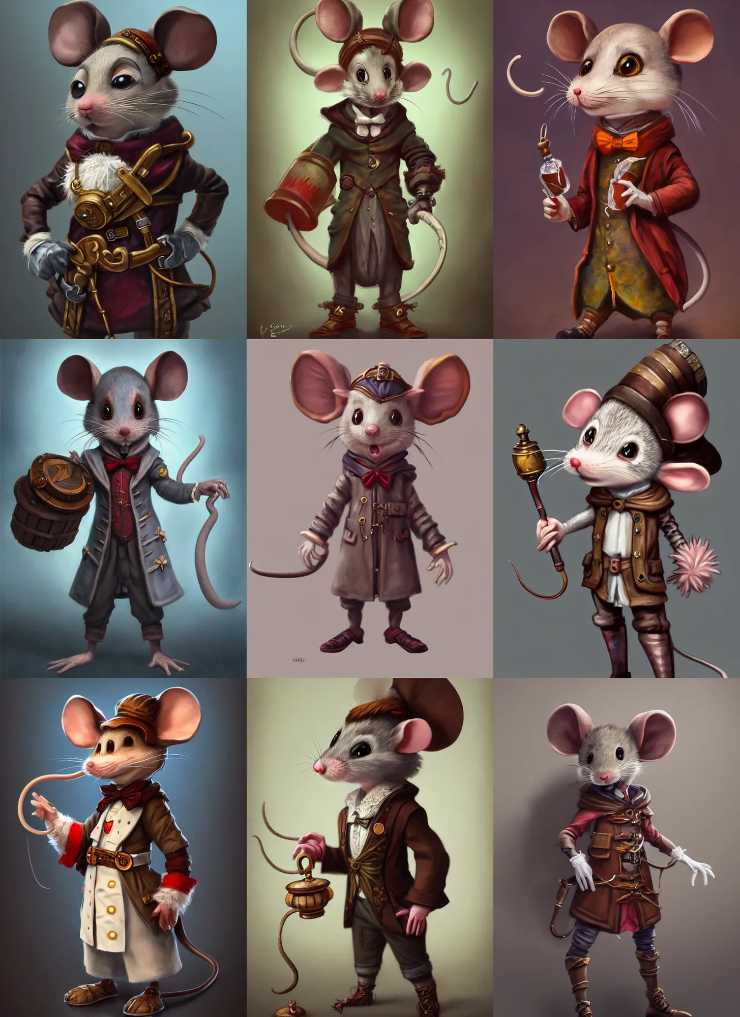 Prompt: full body concept, very fine art oil painting of a cute and sneaky D&D style anthropomorphic mouse doctor with a very beautiful face wearing full intricate clothing, ultra detailed, octane render, 4K, dystopian, micro details