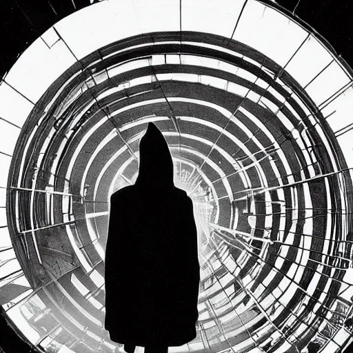 Prompt: a mysterious man wearing a hoodie with face shrouded in darkness standing before the ruin of an enormous armillary sphere, dark and forboding, realistic