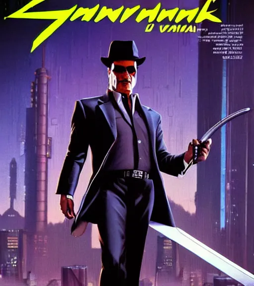 Prompt: a cyberpunk mafia boss in a suit with slicked back black hair and a fedora played by marlon brando holding a long thin sword, 1 9 7 9 omni magazine cover, style by vincent di fate, artgerm, cyberpunk 2 0 7 7, very coherent, detailed, 4 k resolution, unreal engine, daz