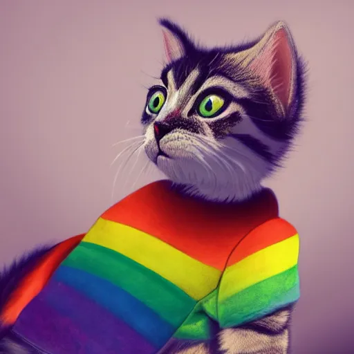 Image similar to wide angle full body, jacket wearing fluffy cute rainbow kitten wearing a black leather motorcycle jacket, cinematic concept art