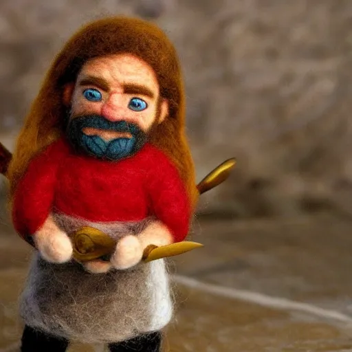 Prompt: needle felted gimli from the return of the king (2003), highly detailed, tilt shift, cute, hyperrealism, highly textured, god rays