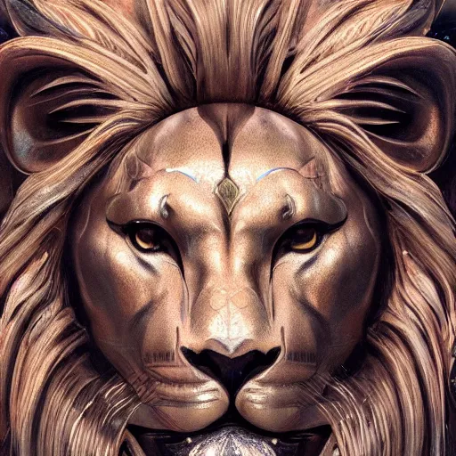 Prompt: Very very very very highly detailed epic photo of face with shocked lion venetian mask, intricate, dystopian, sci-fi, extremely detailed, digital painting, artstation, concept art, smooth, sharp focus, illustration, intimidating lighting, incredible art by Artgerm and Vincent di Fate
