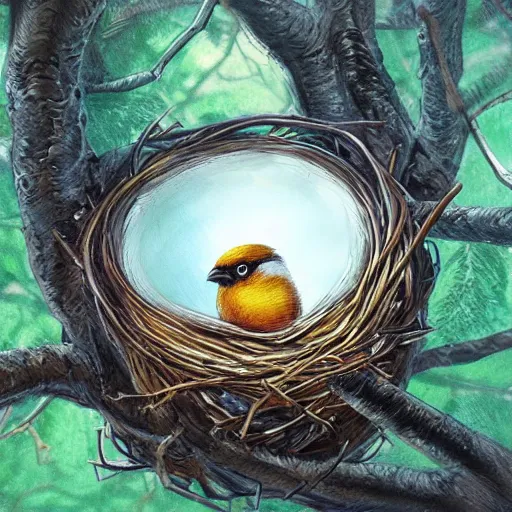 Image similar to bird nest in a tree, concept art, illustrated, highly detailed, high quality, bright colors, optimistic,