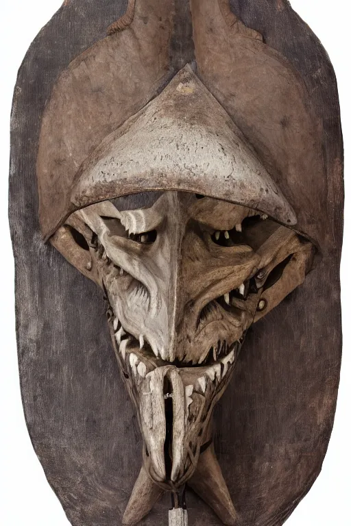 Prompt: viking berserker, with dinosaur head headdress; side on portrait with white background