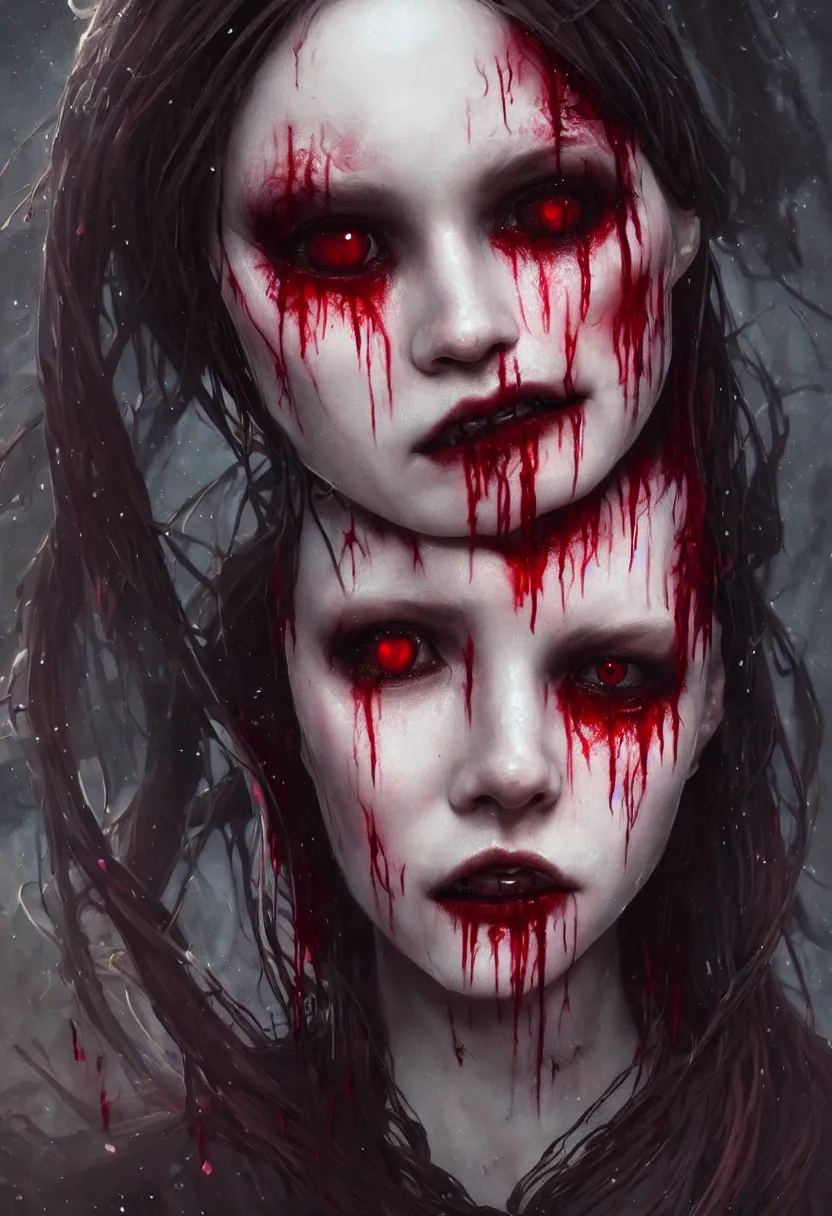 Image similar to beautiful very extreme closeup portrait, one face, bloody face, vampire girl, much blood, medieval dress. witch, makeup. unreal engine, greg rutkowski, loish, rhads, beeple, tom bagshaw, alphonse mucha, global illumination, detailed and intricate environment