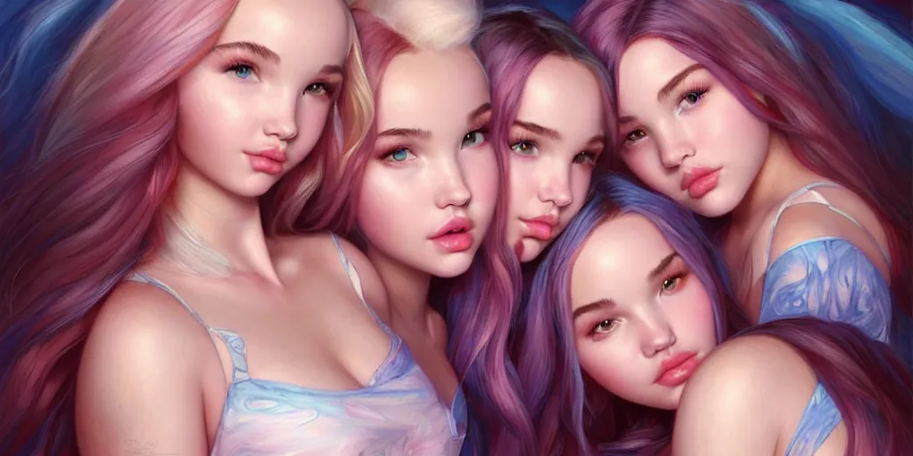 Image similar to dove cameron and madison beer and bella poarch are three beautiful college girls in a bed rolling on ecstasy covered in sweat and dilated pupils, highly detailed, digital painting, artstation, concept art, matte, sharp focus, illustration, art by artgerm and ross tran and thomas kincade