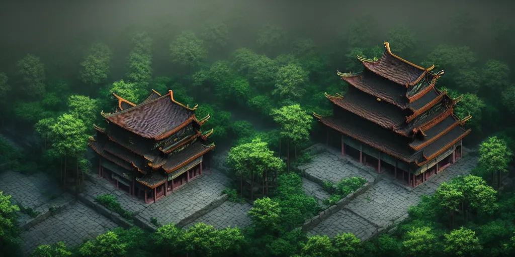 Prompt: giant ancient chinese castle in an forest with some ivy plants on the walls, cinematic, epic, dramatic lighting from above, dark, vines, fantasy, dust, unreal engine, octane, highly detailed, concept art, dark, super realistic