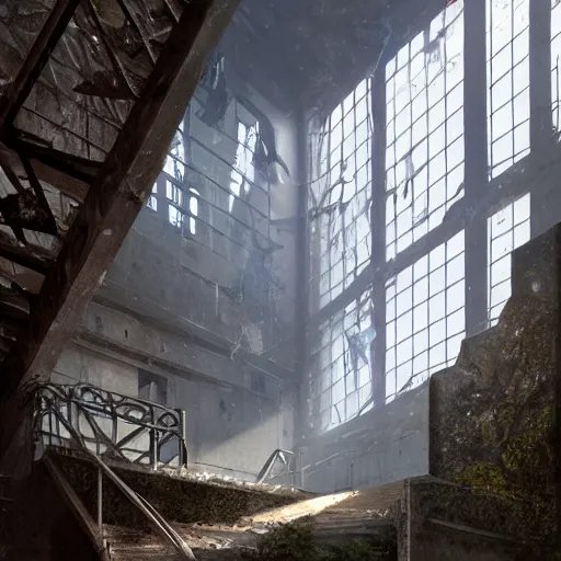 Prompt: i climb up on the endless stairs inside this decayed hitech brutalist building, rays of lights breaking through the holes in the walls, ruined litter, monumental, global illumination, by rhads and ferdinand knab and makoto shinkai and alphonse mucha